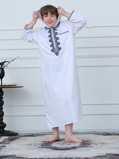 KID0014 Boys' Robe Hooded Embroidered Loose Fit, Muslim Boys' Clothing, Comfortable Long Sleeve Dressing Gown
