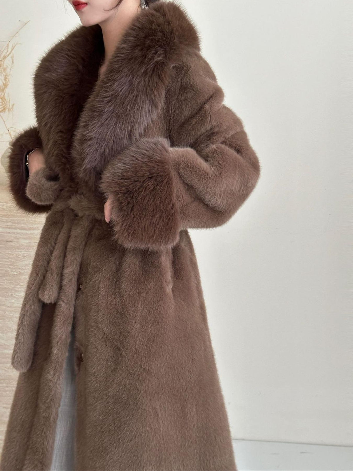 JT8811 Faux Fur Coat - Lapel Collar, Belted, Pocketed, Long Length | Hojumbo