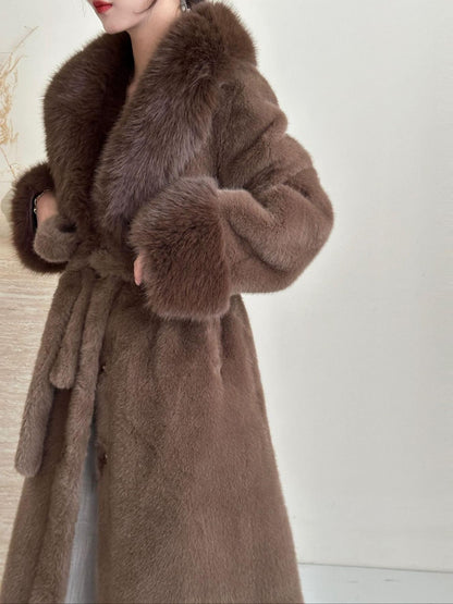 JT8811 Faux Fur Coat - Lapel Collar, Belted, Pocketed, Long Length | Hojumbo