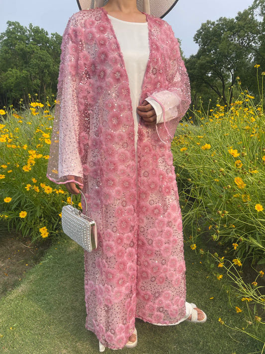 MSL893 Raspberry Red Flower Open Abaya