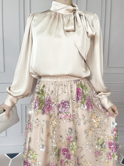 MSL903 Luxurious Women's Two-piece Set, Long-sleeved Top and Floral Bead and Sequin Skirt