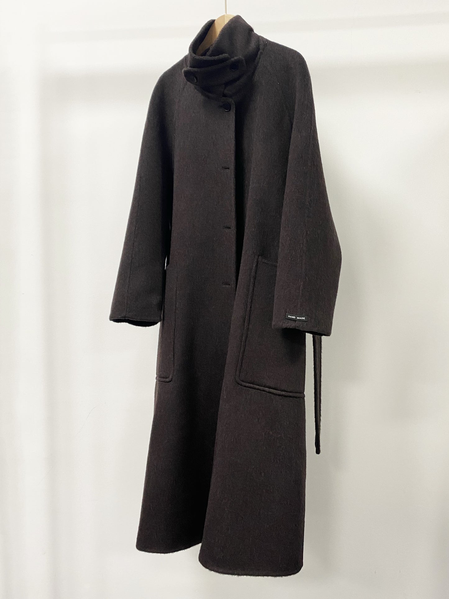 CT016 Women's 90% Wool 10% Lyocell Coat with High Collar, Large Pockets, Belt, Double-sided Wool Outerwear