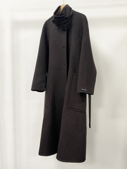 CT016 Women's 90% Wool 10% Lyocell Coat with High Collar, Large Pockets, Belt, Double-sided Wool Outerwear