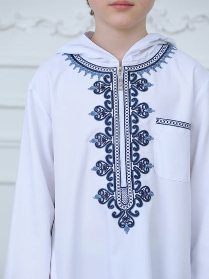 KID0014 Boys' Robe Hooded Embroidered Loose Fit, Muslim Boys' Clothing, Comfortable Long Sleeve Dressing Gown