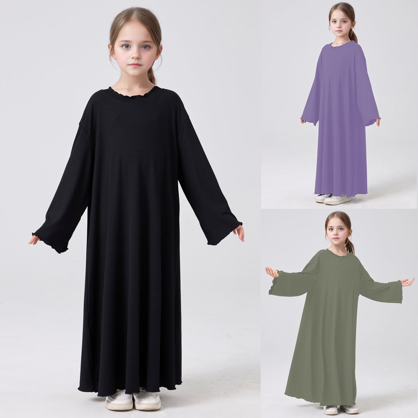 MSL1023 Girls' Abaya Dress Wavy Hem Long Sleeve Solid Color | Girls' Dress, Kids Robe | Hojumbo