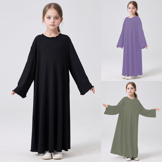 MSL1023 Girls' Abaya Dress Wavy Hem Long Sleeve Solid Color | Girls' Dress, Kids Robe | Hojumbo