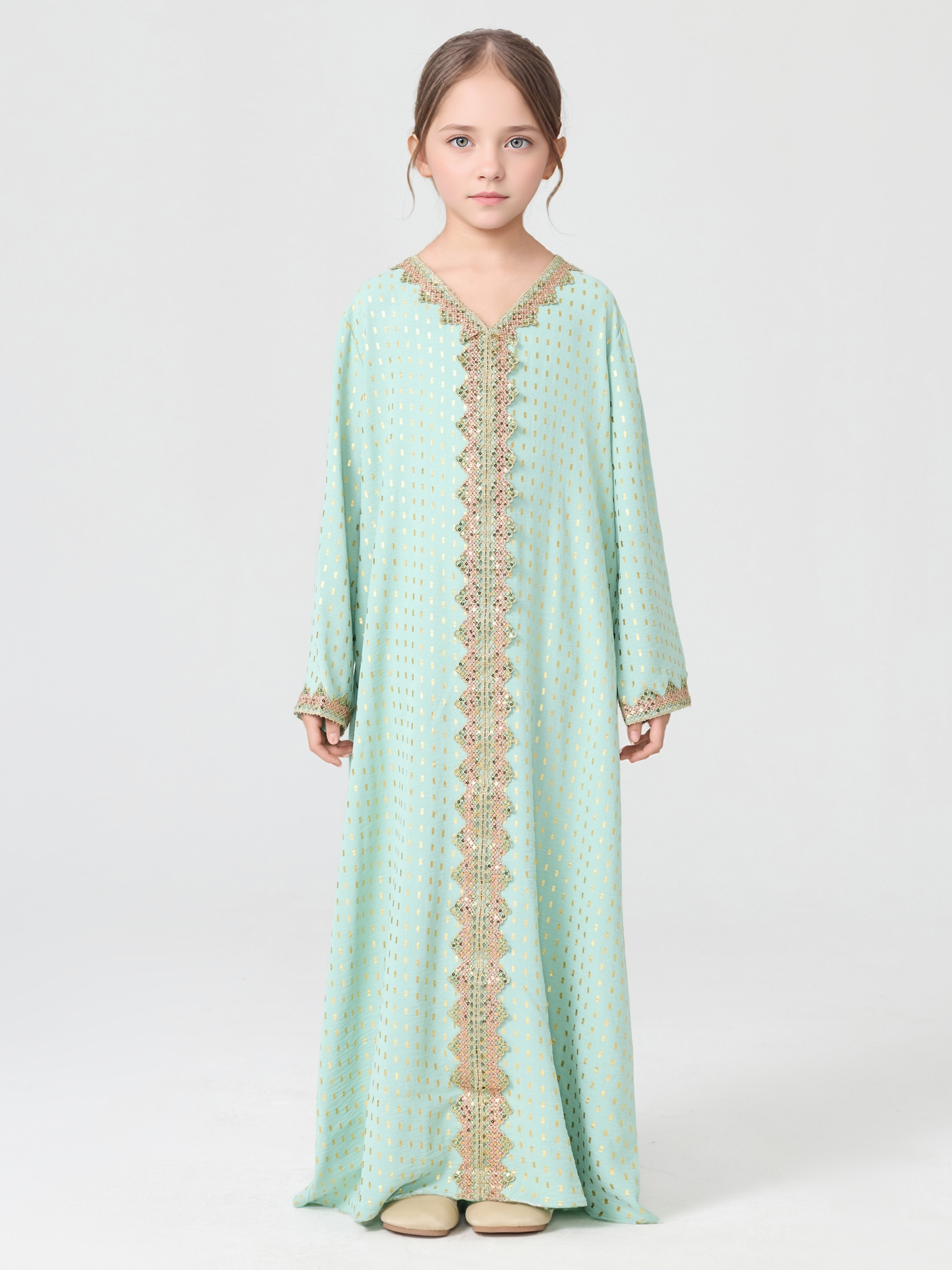 MSL350 Girls Abaya - V-Neck, Gold Foil Print, Solid Color | Hojumbo