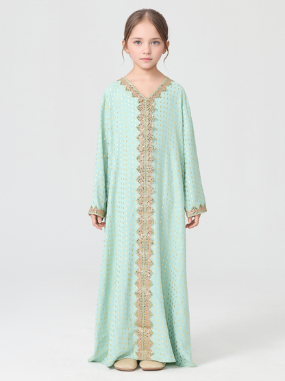 MSL350 Girls Abaya - V-Neck, Gold Foil Print, Solid Color | Hojumbo