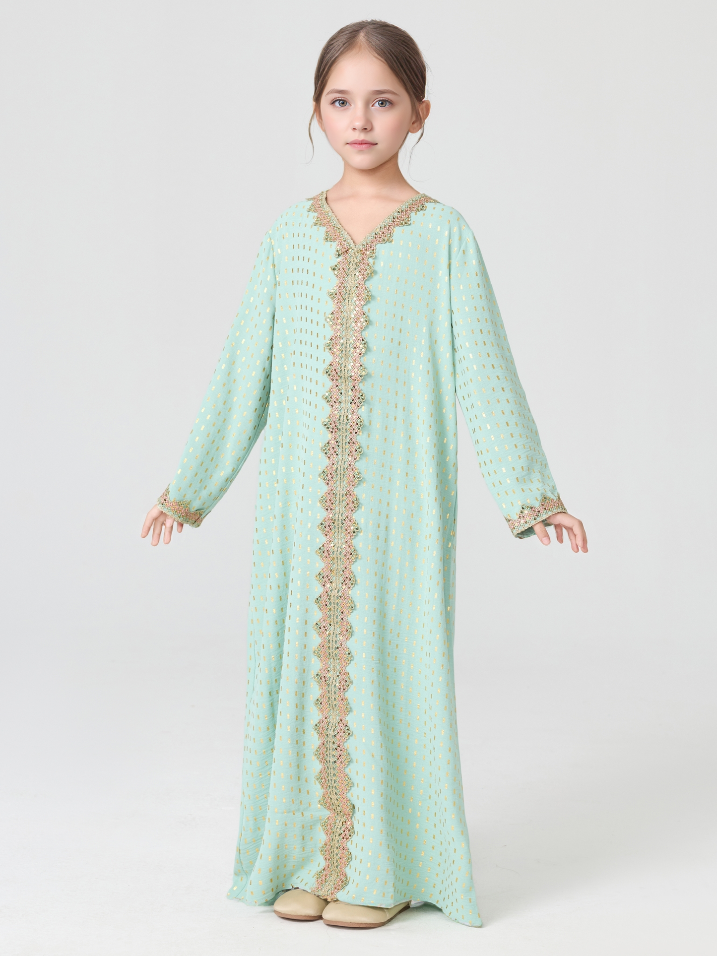 MSL350 Girls Abaya - V-Neck, Gold Foil Print, Solid Color | Hojumbo