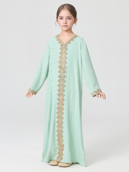MSL350 Girls Abaya - V-Neck, Gold Foil Print, Solid Color | Hojumbo