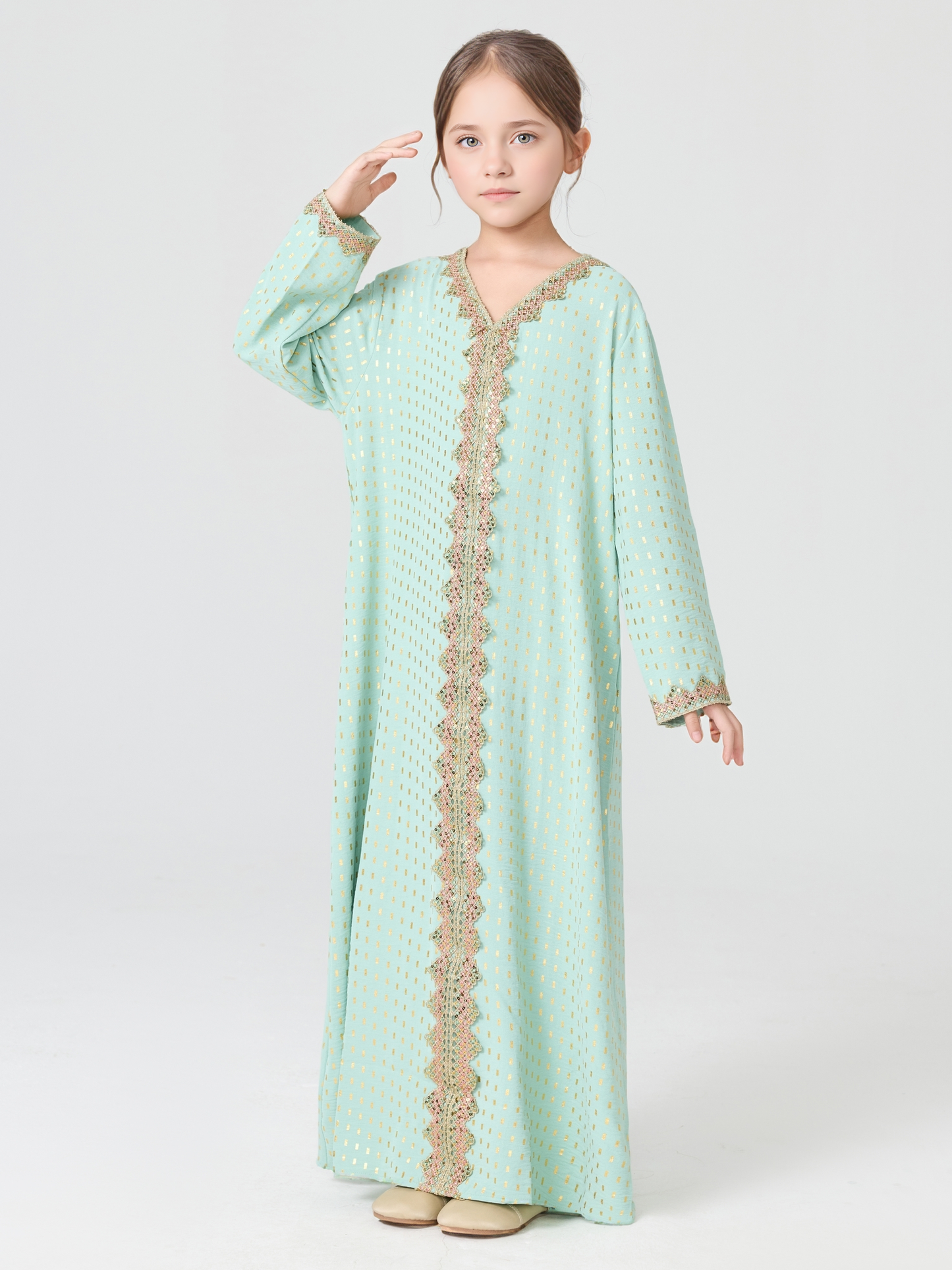 MSL350 Girls Abaya - V-Neck, Gold Foil Print, Solid Color | Hojumbo