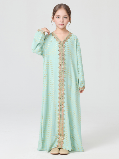 MSL350 Girls Abaya - V-Neck, Gold Foil Print, Solid Color | Hojumbo