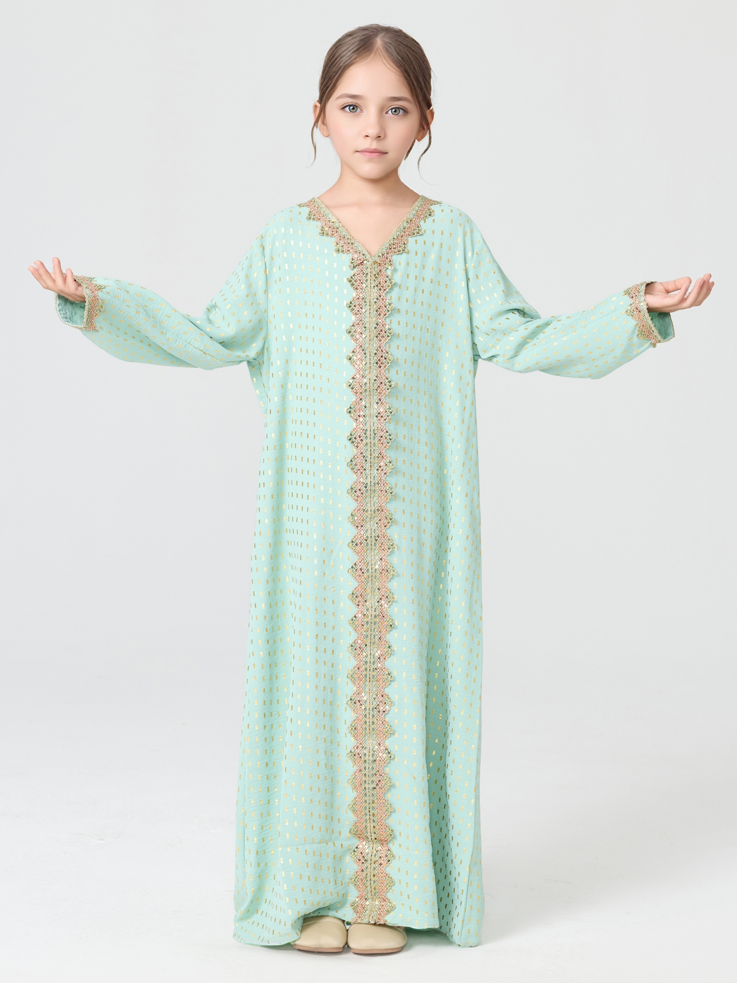 MSL350 Girls Abaya - V-Neck, Gold Foil Print, Solid Color | Hojumbo