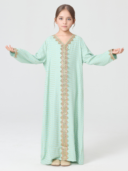 MSL350 Girls Abaya - V-Neck, Gold Foil Print, Solid Color | Hojumbo