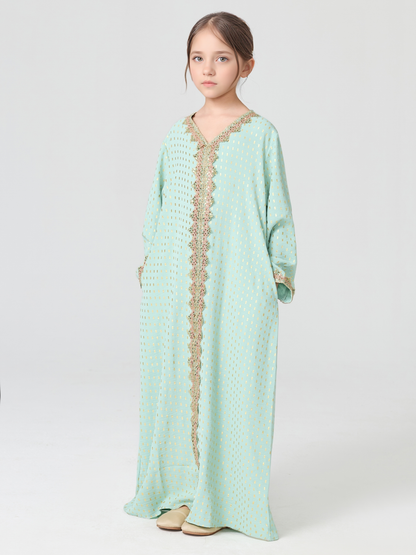MSL350 Girls Abaya - V-Neck, Gold Foil Print, Solid Color | Hojumbo