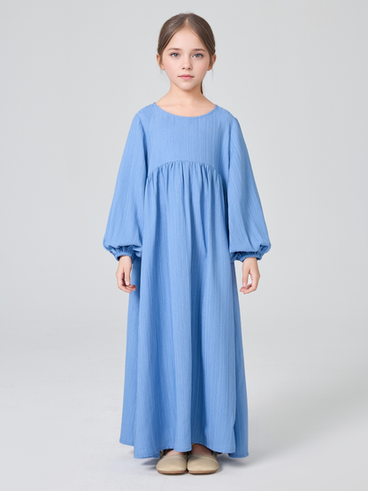 MK2647 Girls Abaya - Round Neck, Pleated, Lantern Sleeve | Hojumbo
