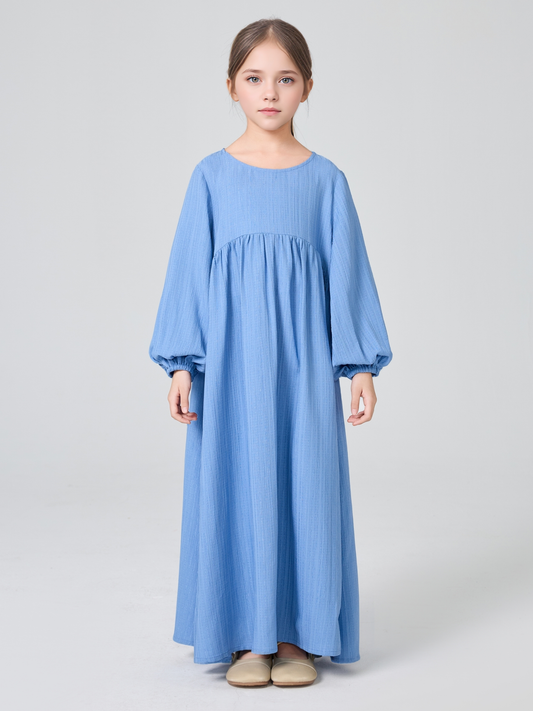 MK2647 Girls Abaya - Round Neck, Pleated, Lantern Sleeve | Hojumbo