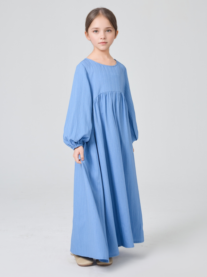 MK2647 Girls Abaya - Round Neck, Pleated, Lantern Sleeve | Hojumbo