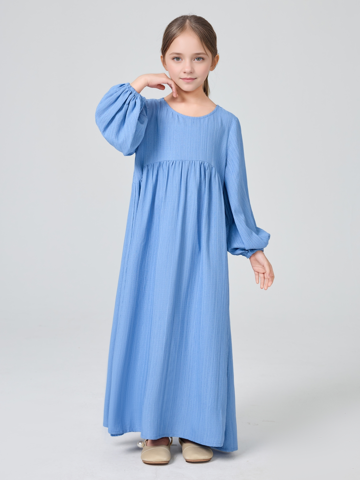MK2647 Girls Abaya - Round Neck, Pleated, Lantern Sleeve | Hojumbo