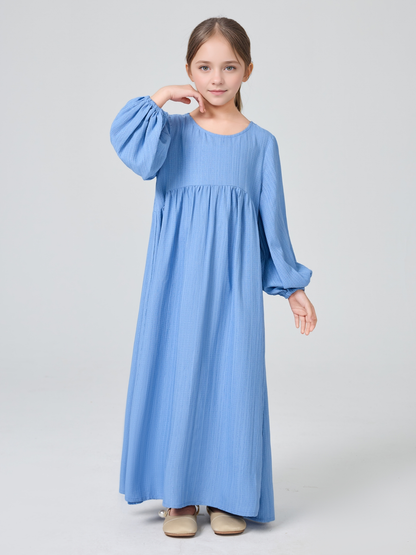 MK2647 Girls Abaya - Round Neck, Pleated, Lantern Sleeve | Hojumbo