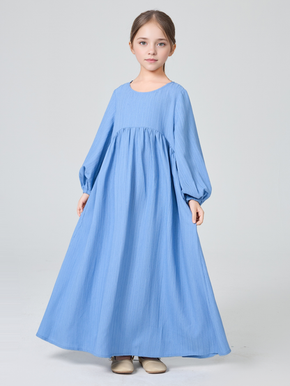 MK2647 Girls Abaya - Round Neck, Pleated, Lantern Sleeve | Hojumbo