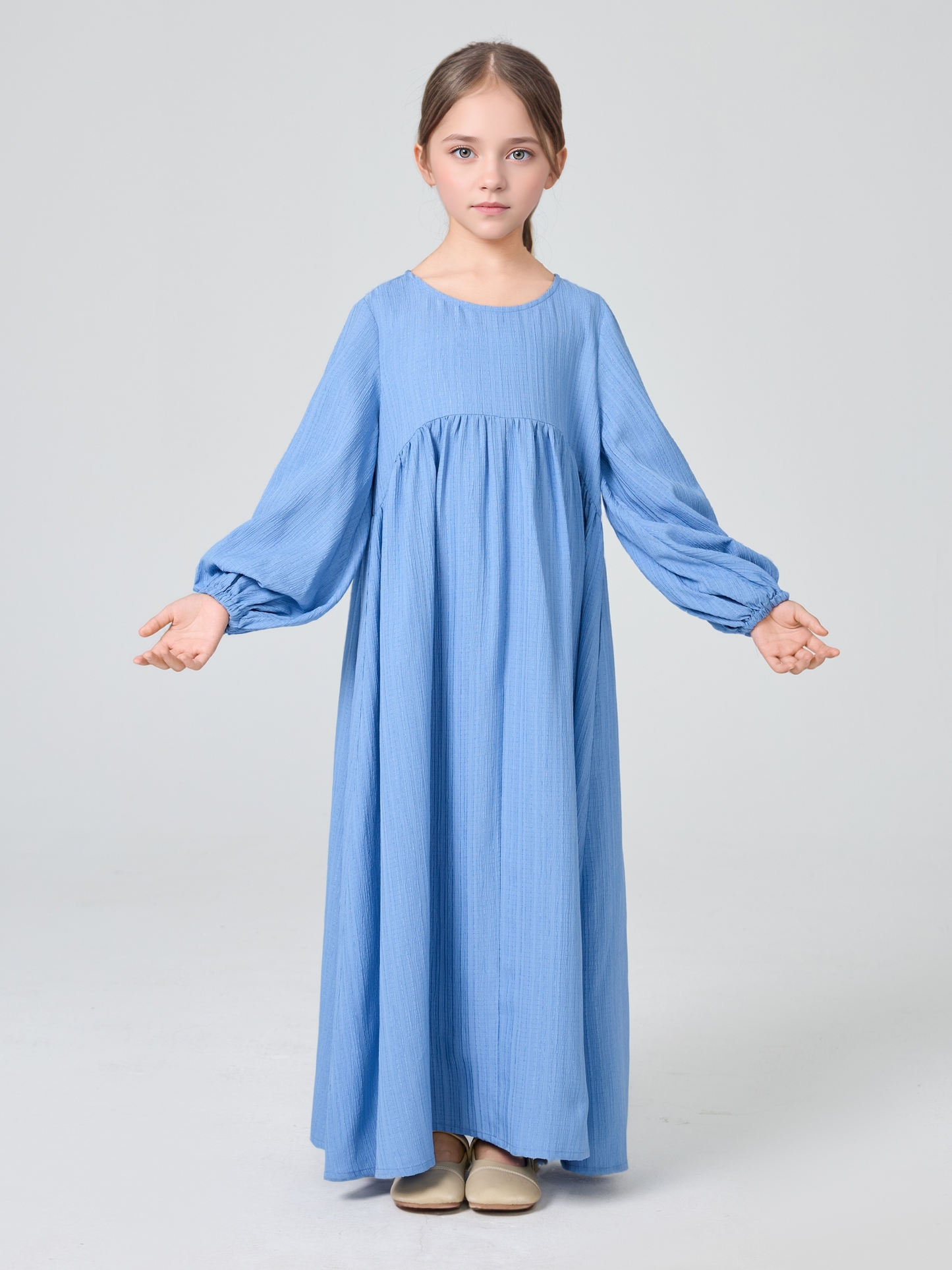 MK2647 Girls Abaya - Round Neck, Pleated, Lantern Sleeve | Hojumbo