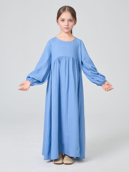 MK2647 Girls Abaya - Round Neck, Pleated, Lantern Sleeve | Hojumbo