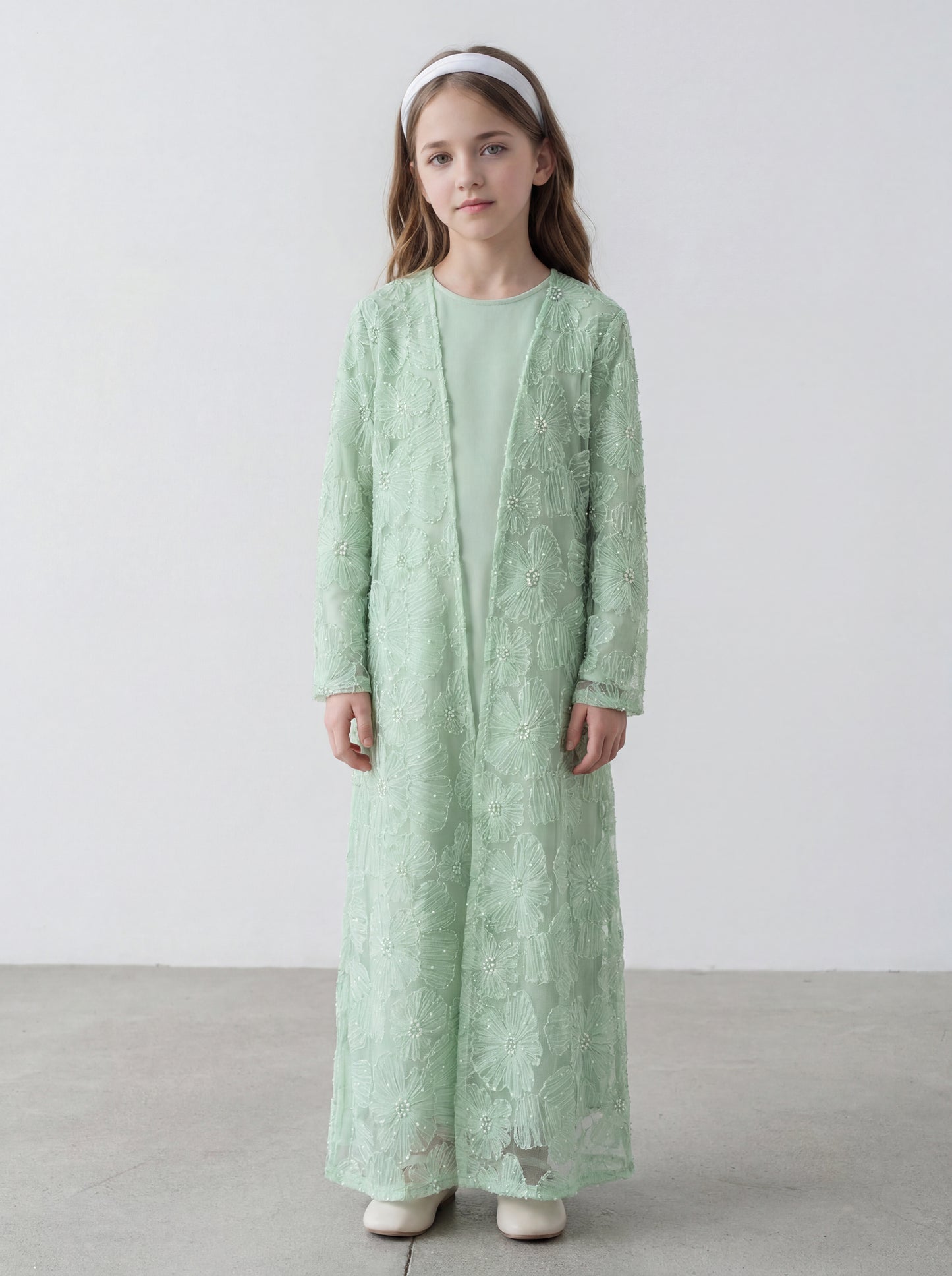 MK2653 Muslim Girl Set 2-Piece Satin Dress and Flower Beaded Cardigan Abaya