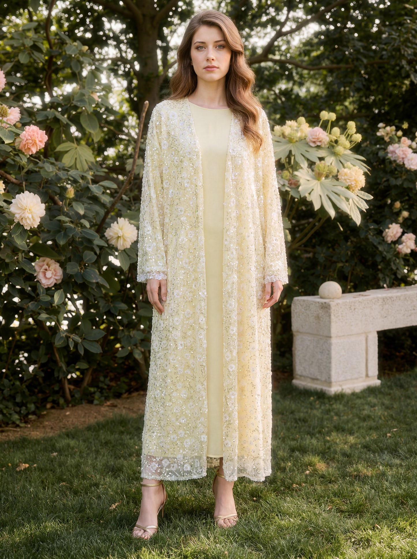 MK2666 Womens Double-layered Elegant Style Luxurious Beaded Sequined Flower Open Abaya