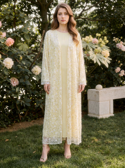 MK2666 Womens Double-layered Elegant Style Luxurious Beaded Sequined Flower Open Abaya