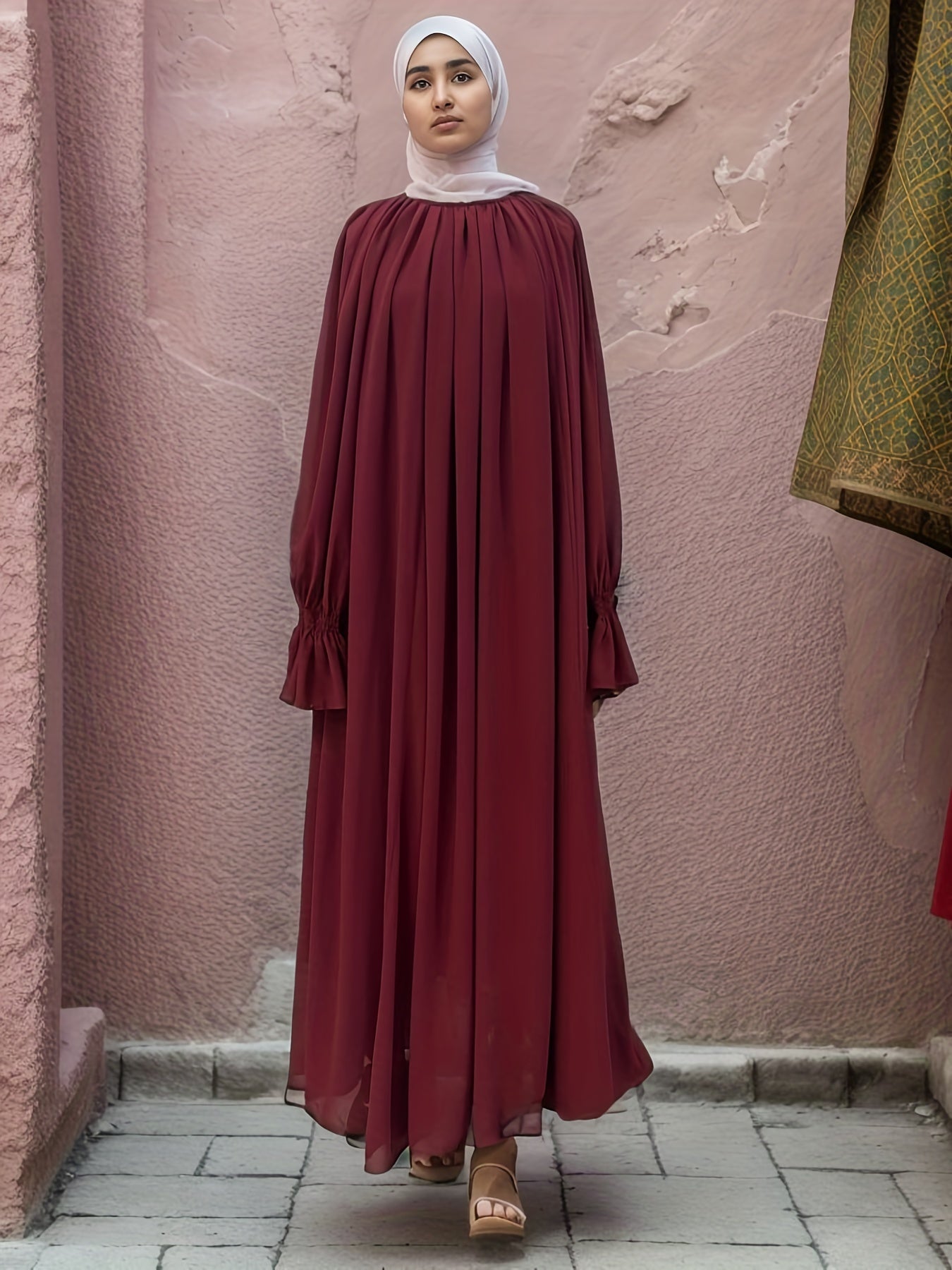 Naher Osten Dubai Islamisches Muslim Maxikleid Chiffon ausgestellte Ärmel plissiertes Silhouettekleid MSL62