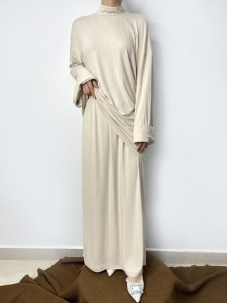 Ramadan Baju Kurung Solides muslimisches Baju Kurung Moden Zweiteiliges Set, Rollkragenoberteil mit tiefer Schulterpartie und Rock mit elastischer Taille, Damenbekleidung MSL97
