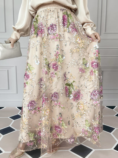MSL903 Luxurious Women's Two-piece Set, Long-sleeved Top and Floral Bead and Sequin Skirt