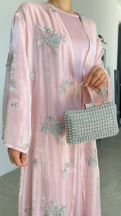 Silbernes, mit Organzaperlen besticktes Abaya-Set MSL888 