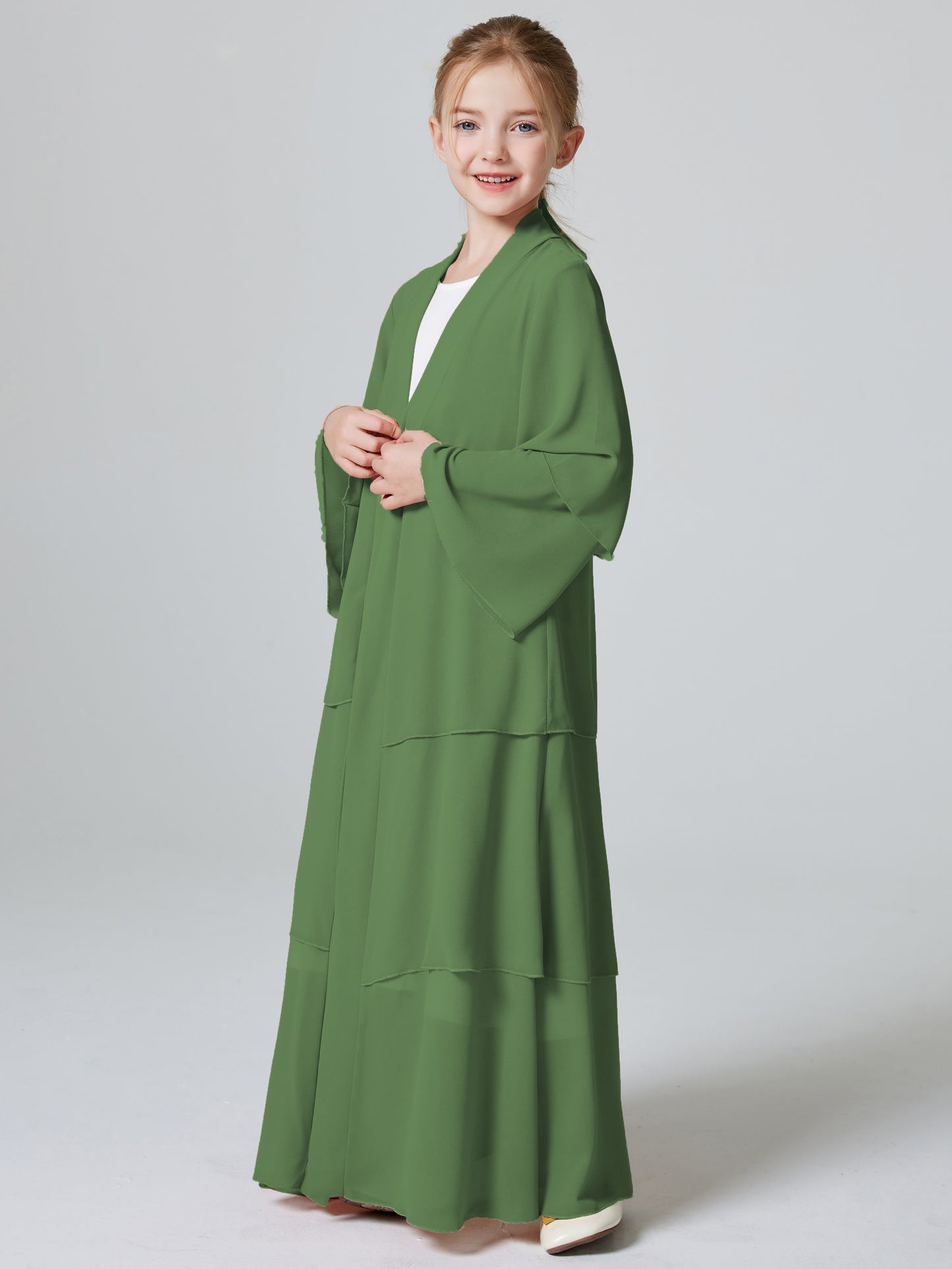 Ramadan Muslim Girls 3 Layered Chiffon Kids Abaya Dress Open Front Abaya Kebaya Outerwear (Without Hijab) MSL132