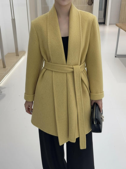 8190 Women's 70% Wool Coat, Autumn and Winter, Long-sleeved and Mid-length, Tweed Style, with Belt.