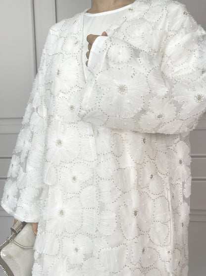 MSL881 Women 2 Pieces Set Open Abaya Mesh Flower Bead Embroidered Coat and Dress(Open Abaya+Inner Dress)
