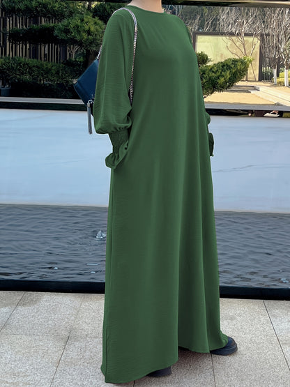 Ramadan Abaya mit Rundhalsausschnitt und gerafften Manschetten, elegantes, schlichtes Maxikleid mit langen Ärmeln, Damenbekleidung, Kebaya Kaftan MSL130