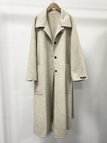 CT016 Women's 90% Wool 10% Lyocell Coat with High Collar, Large Pockets, Belt, Double-sided Wool Outerwear