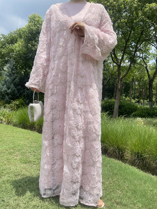 MSL881 Women 2 Pieces Set Open Abaya Mesh Flower Bead Embroidered Coat and Dress(Open Abaya+Inner Dress)