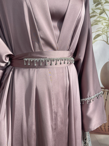 MSL041 Luxury Satin Abaya With Diamond Tassels Belt, 6-Piece Set