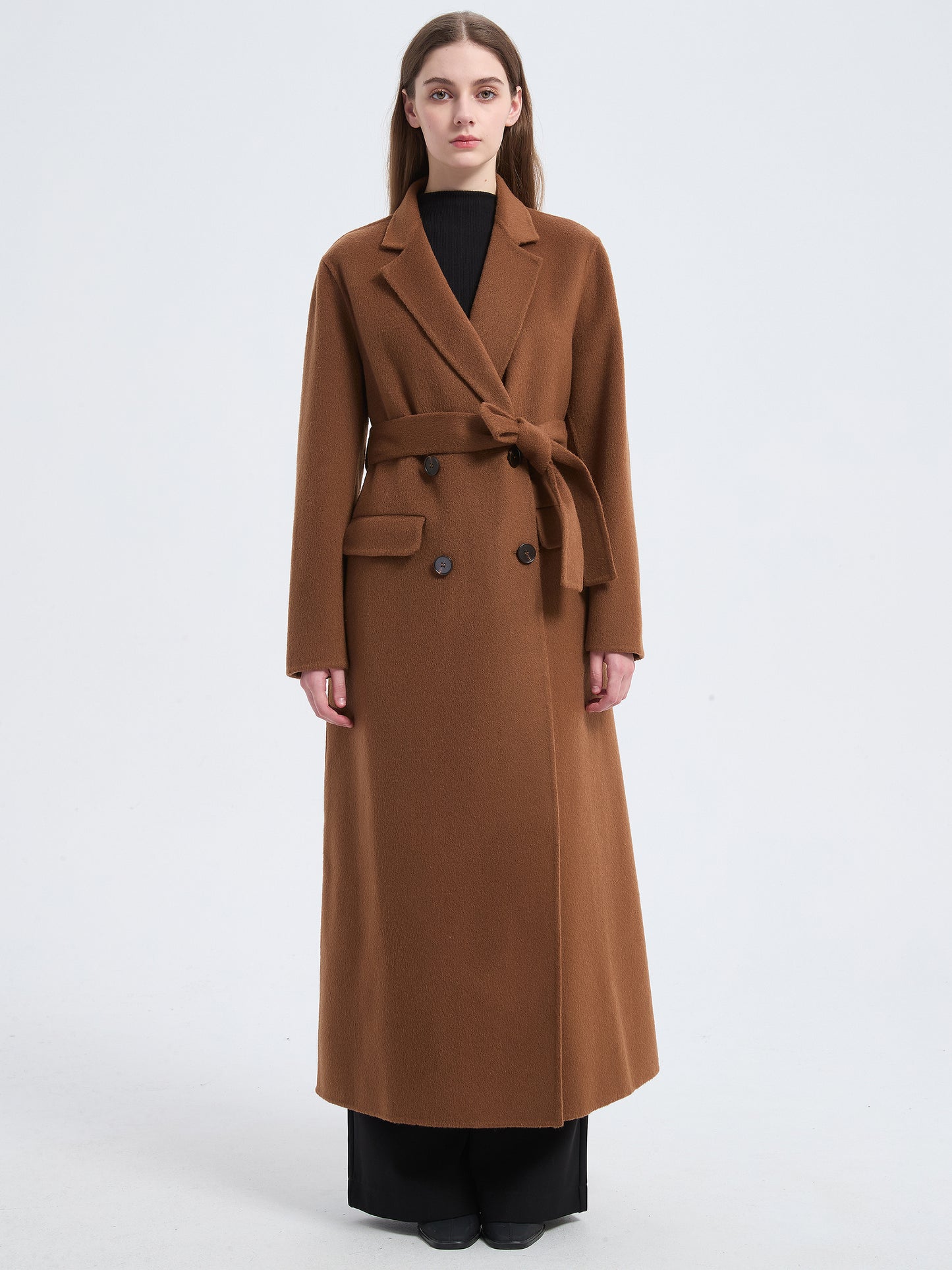MN0013 Women's 70% Wool Coat, Winter Long-sleeved Double-breasted Coat with Pocket and Belt