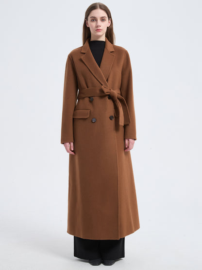 MN0013 Women's 70% Wool Coat, Winter Long-sleeved Double-breasted Coat with Pocket and Belt