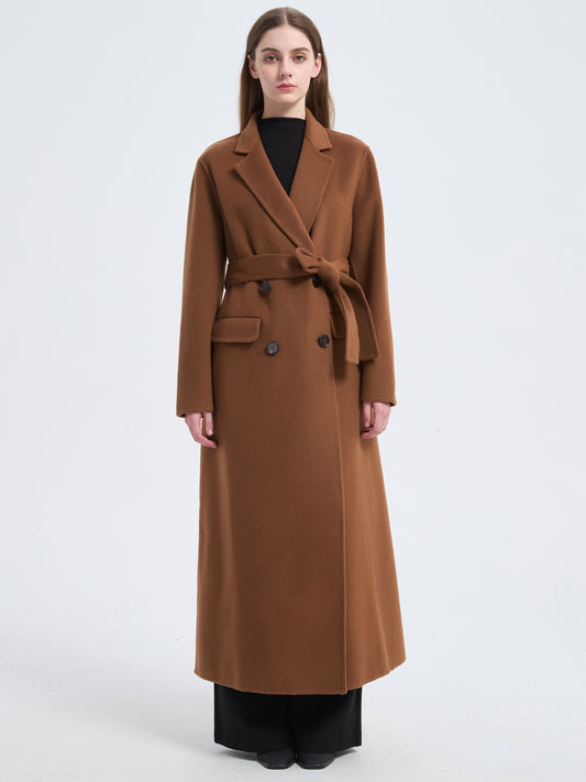 MN0013 Women's 70% Wool Coat, Winter Long-sleeved Double-breasted Coat with Pocket and Belt