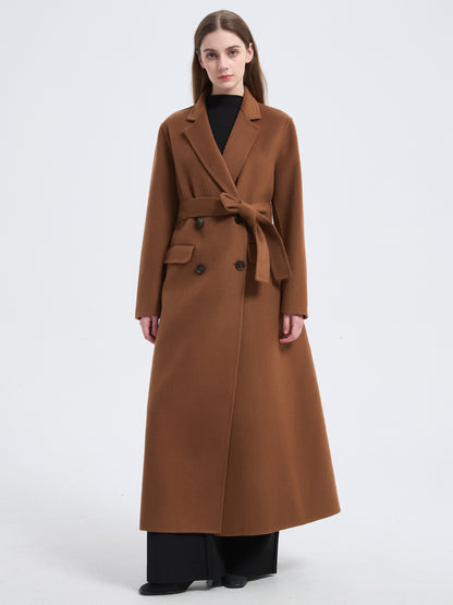 MN0013 Women's 70% Wool Coat, Winter Long-sleeved Double-breasted Coat with Pocket and Belt