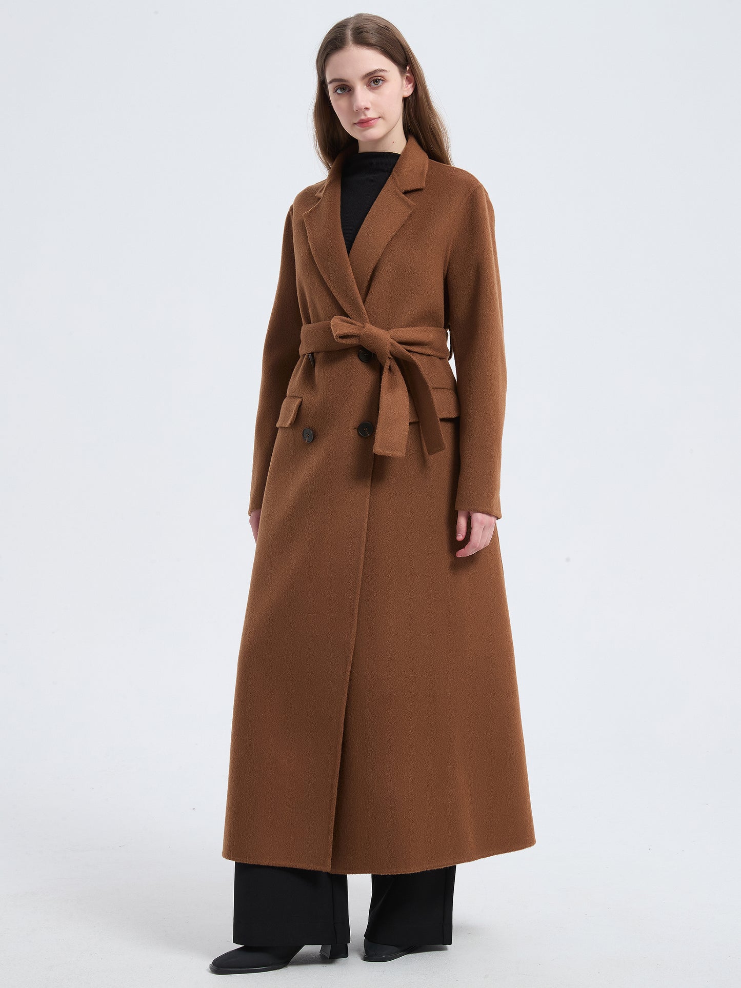 MN0013 Women's 70% Wool Coat, Winter Long-sleeved Double-breasted Coat with Pocket and Belt