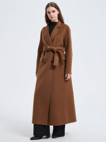 MN0013 Women's 70% Wool Coat, Winter Long-sleeved Double-breasted Coat with Pocket and Belt