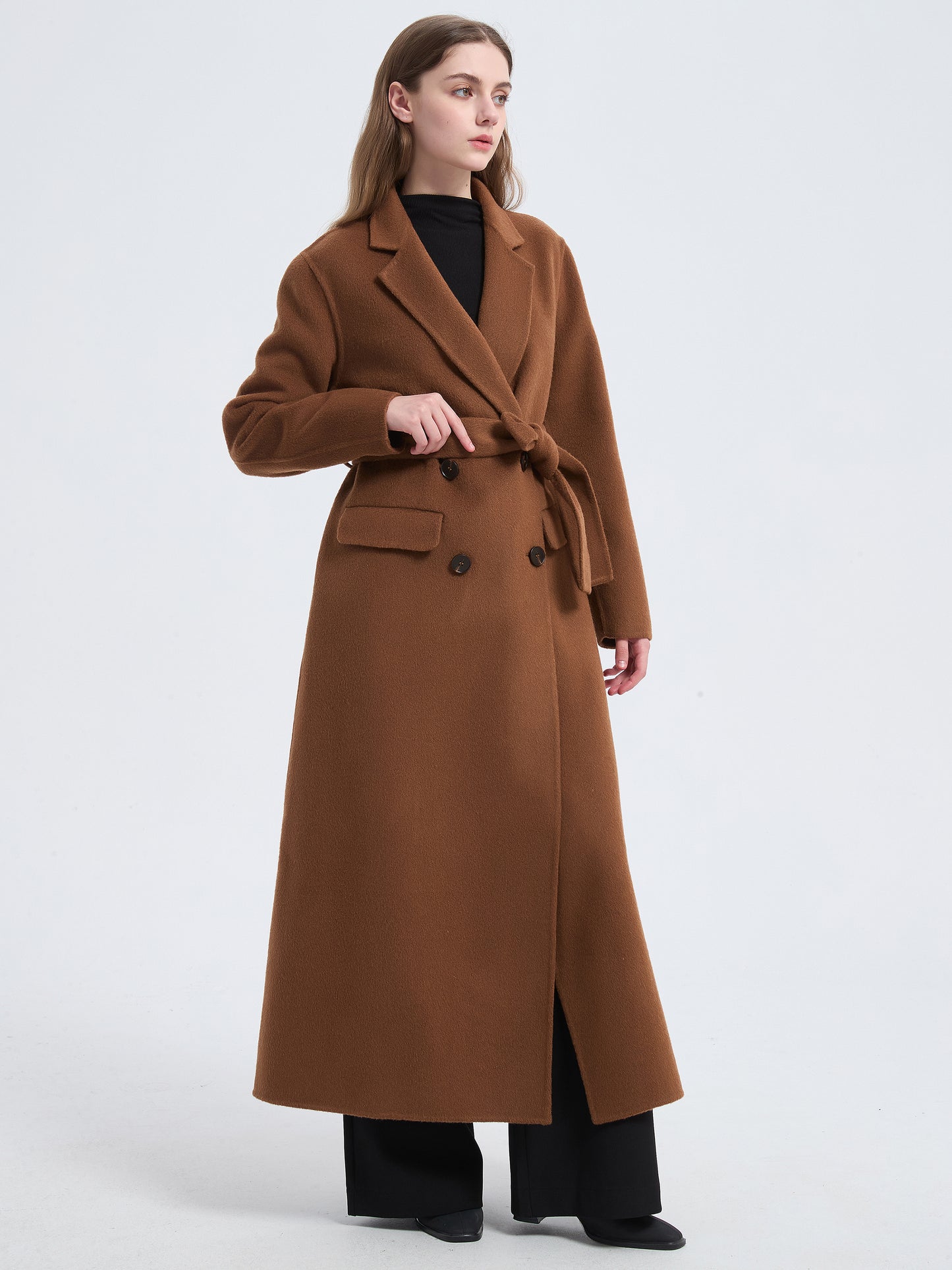 MN0013 Women's 70% Wool Coat, Winter Long-sleeved Double-breasted Coat with Pocket and Belt