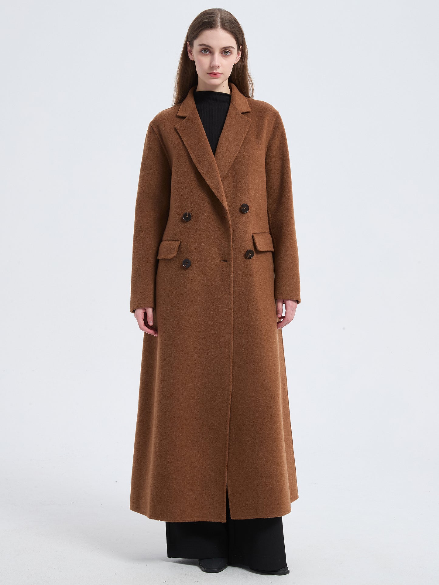 MN0013 Women's 70% Wool Coat, Winter Long-sleeved Double-breasted Coat with Pocket and Belt