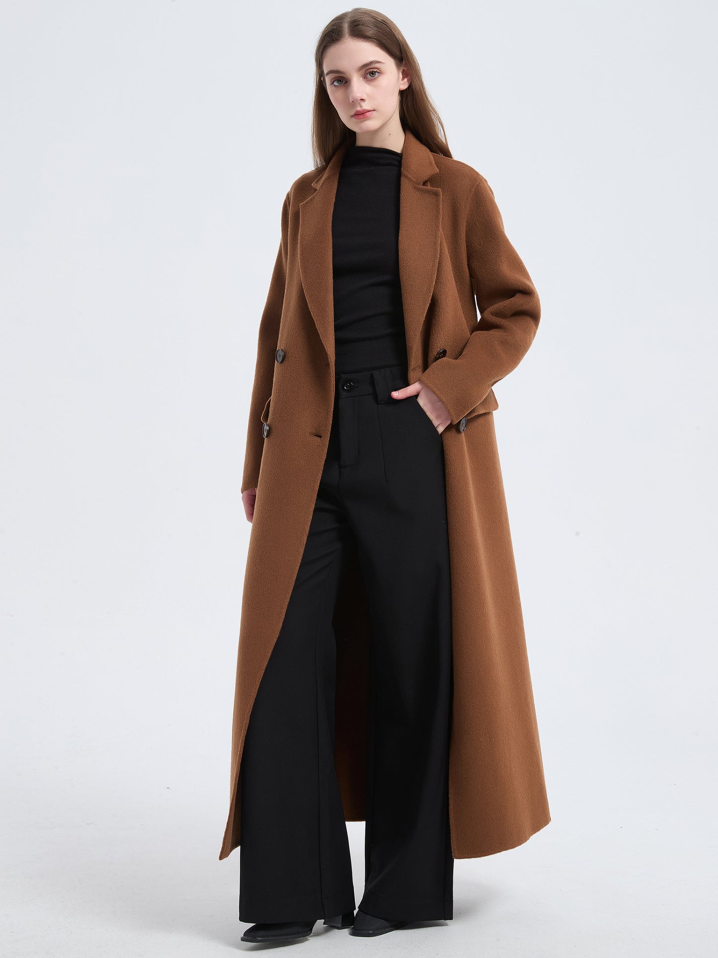 MN0013 Women's 70% Wool Coat, Winter Long-sleeved Double-breasted Coat with Pocket and Belt